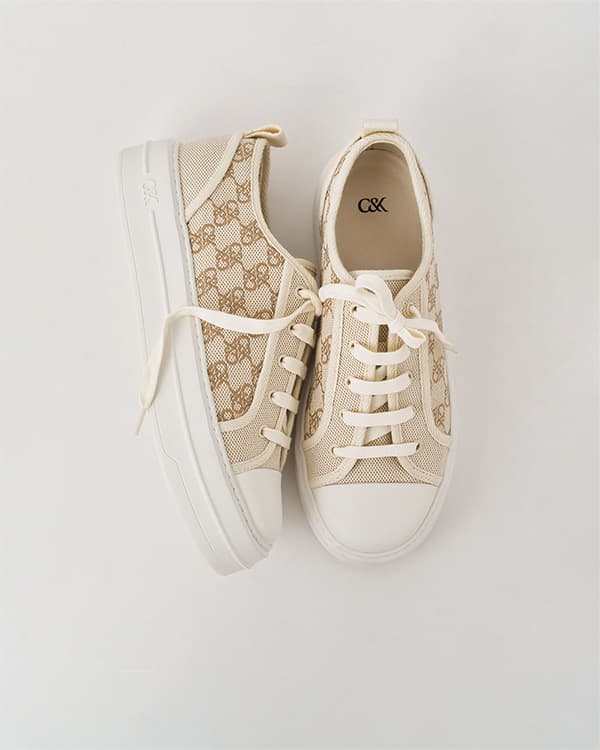 Women’s Beige Canvas Monogram Flatform Sneakers - CHARLES & KEITH