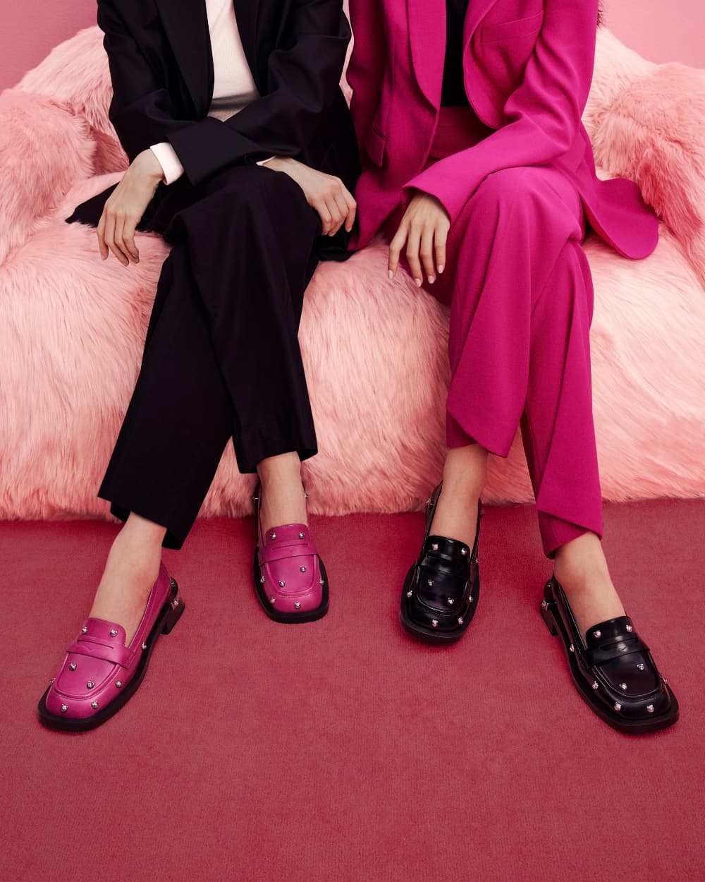 Women's fuchsia and black Lotso studded penny loafers - CHARLES & KEITH